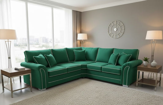 The Toby Comfort Corner Sofa Emerald Green Plush Velvet Fabric