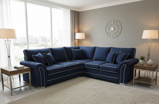 The Snug Comfort Corner Sofa Navy Blue Plush Velvet Fabric