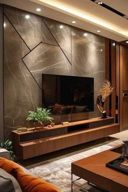 Avant-Garde Media Wall with Dark Marble and Geometric Metal Inlay