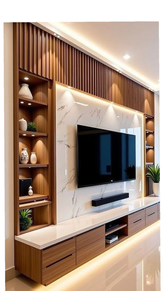 Contemporary Media Wall with Light Marble Center and Fluted Wood Accents