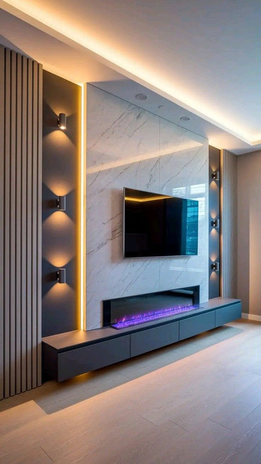Modern Marble & Slat Media Wall with Ambient Lighting and Fireplace