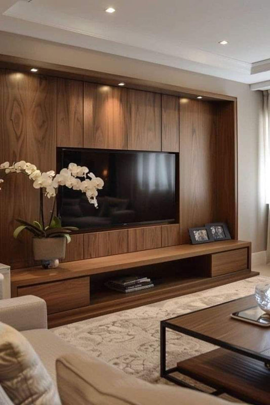 Walnut Integrated Media Wall Timeless Elegance, Clutter-Free Design, and Smart Storage