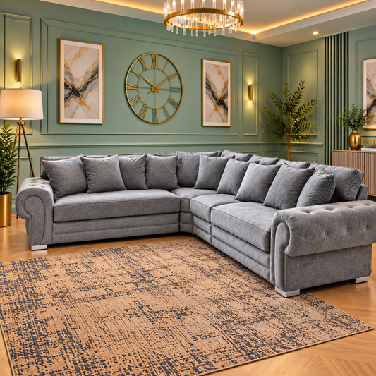 The Imperial Modern Lounge L-Shaped Sofa In Grey Plush Velvet Fabric