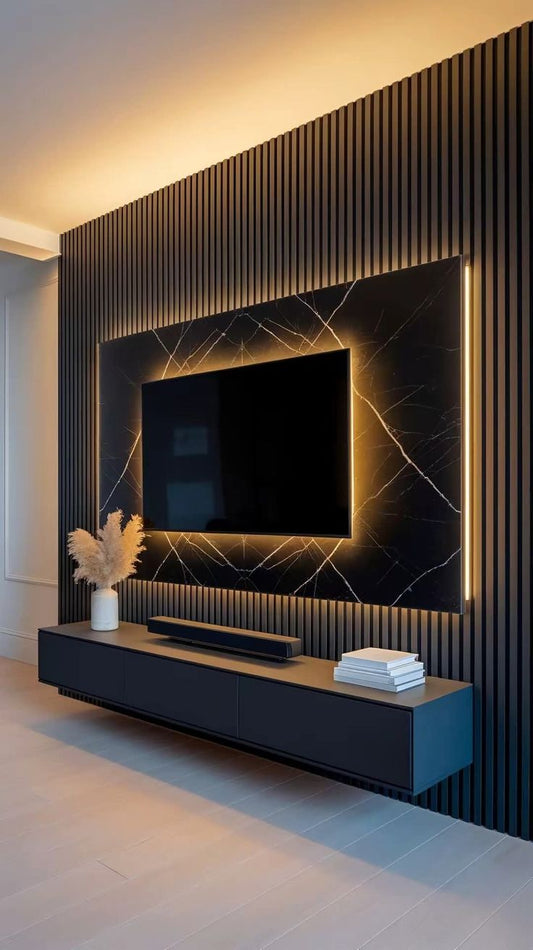 Luxurious, Modern Black Marble and Slat Media Wall Design