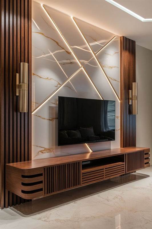Mid-Century Modern Glamour with a Walnut Wood Slat and Geometric Marble Media Wall