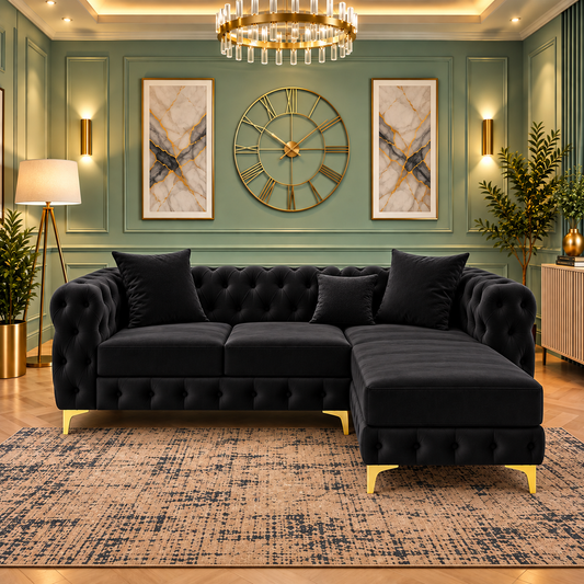 Harrington Luxury L-Shaped Sofa In Black Plush Velvet Fabric