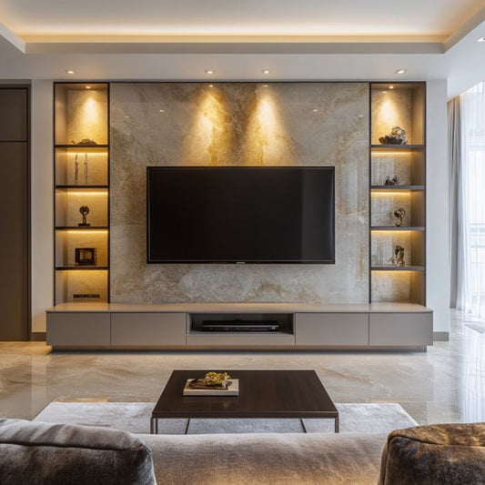 Luxurious Marble Effect Media Wall with Integrated LED Shelving and Symmetrical Storage for Modern Interiors
