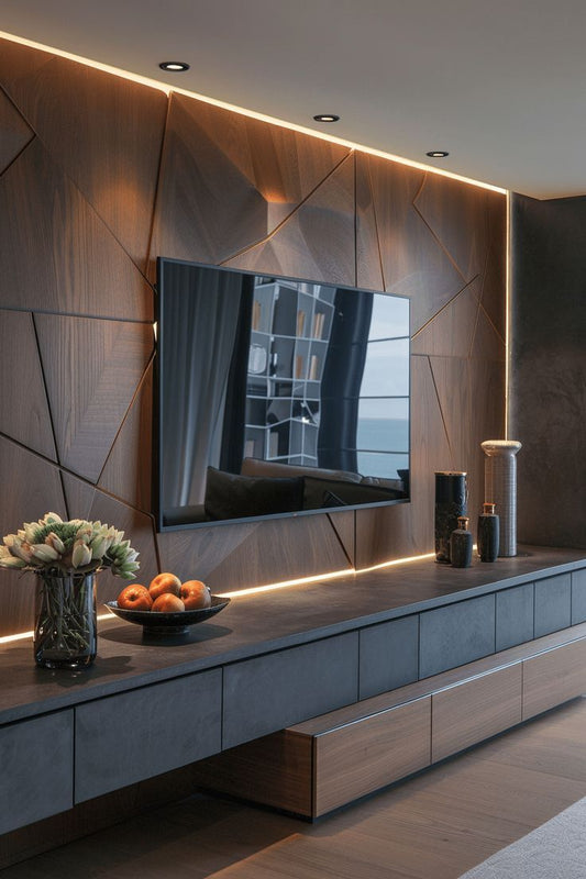 Geometrically Designed Dark Wood Modern Media Wall Featuring Integrated LED Ambient Lighting