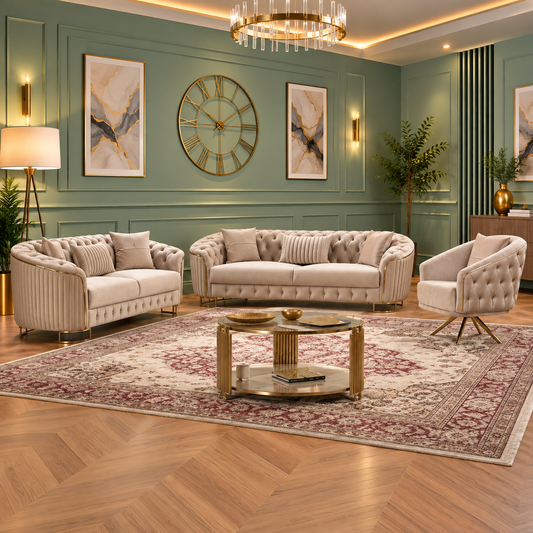 The Kindred Rise Sofa Set Chesterfield Style In Plush Velvet Fabric