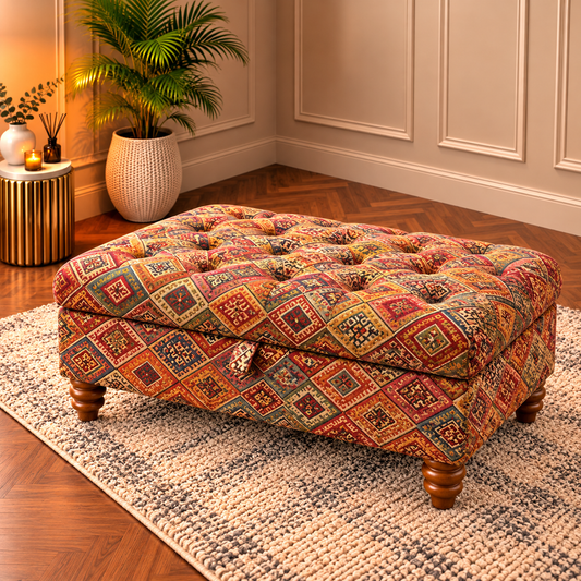 Luxury Handmade Tapestry Storage Ottoman Footstool Bench with Wooden Legs