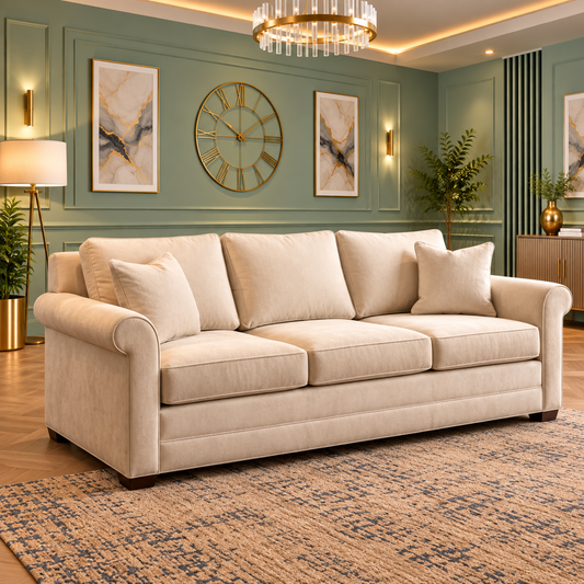 Zircon 3 Seater Lounge Sofa In Cream Plush Velvet Fabric