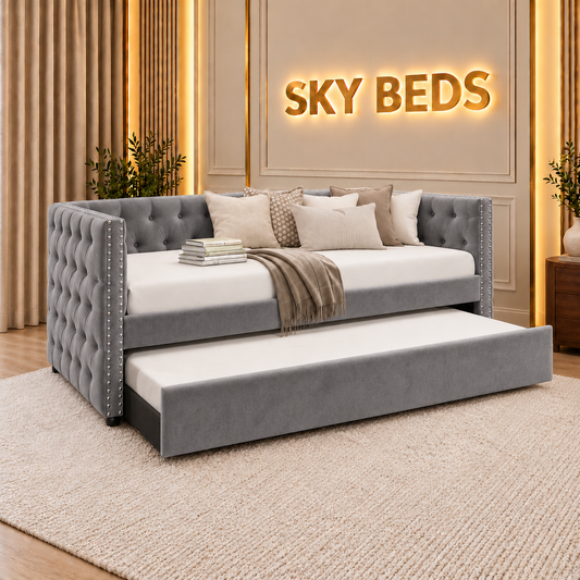 Bali Chesterfield Upholstered Guest Room Single Trundle Sofabed