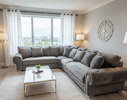 The Imperial Modern Lounge L-Shaped Sofa In Grey Plush Velvet Fabric