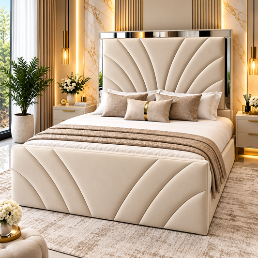Orvella Arc Luxury Upholstered Mirror Bed Frame