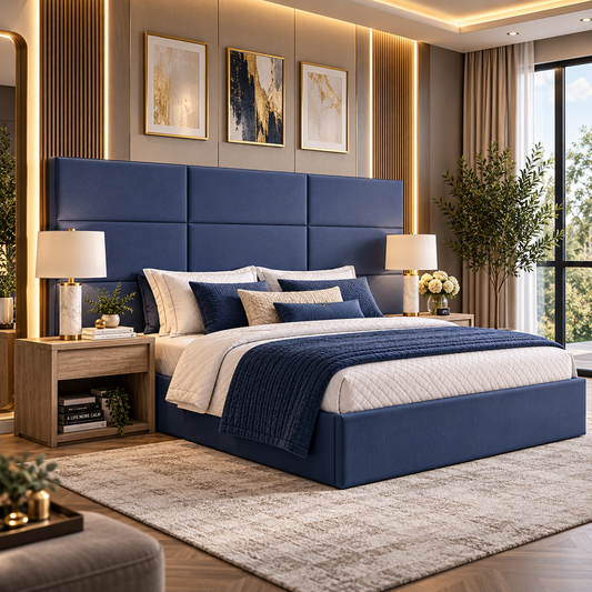 Rectangular Tile Upholstered Bed Frame With Wide Headboard