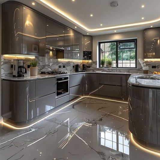 Odyssey Modern Kitchen With Curved Dark-Grey Cabinetry Bespoke