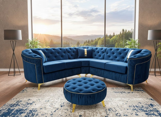 Regal Monaco Royal Corner Sofa In Blue Plush Velvet Fabric