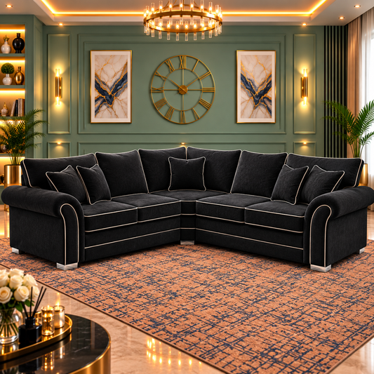 The Jet Setter Corner Sofa Black Plush Velvet Fabric