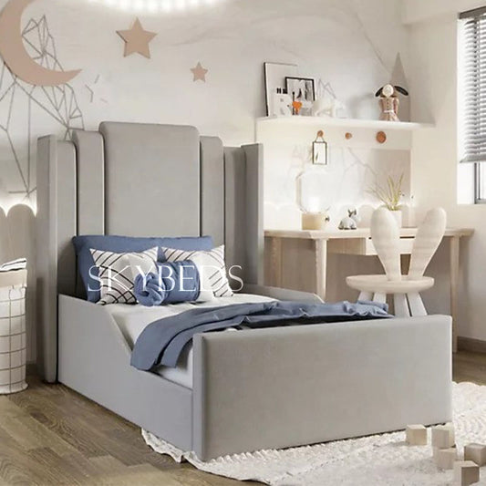 Gray Kids Bed Frame with Wingback Headboard