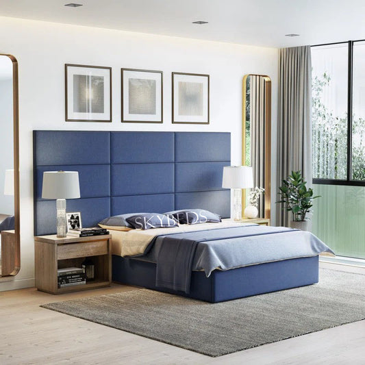 Rectangular Tile Upholstered Bed Frame With Wide Headboard