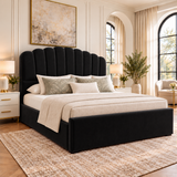 Livora Scalloped Arch Headboard Boucle Vertical Padded Panels Storage Bed Frame