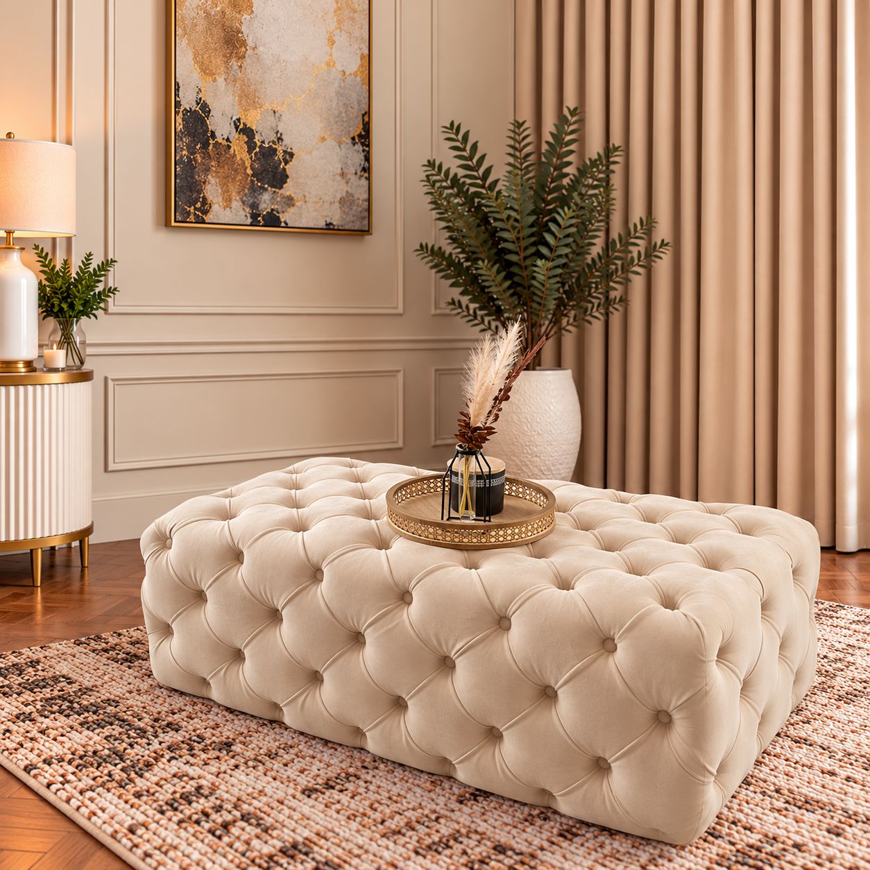 Velloria Large Designer Chesterfield Fully Upholstered Footstool Coffee Table – Deep Buttoned Soft Plush Velvet