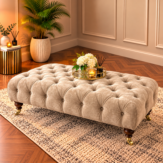 Luxury Handmade Chesterfield Deep Buttoned Velvet Footstool Coffee Table with Castor Legs