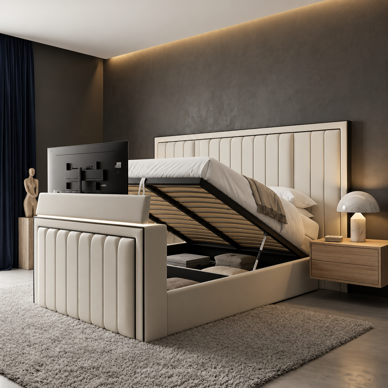 Monaco Panelled TV Bed Frame With Wide Headboard