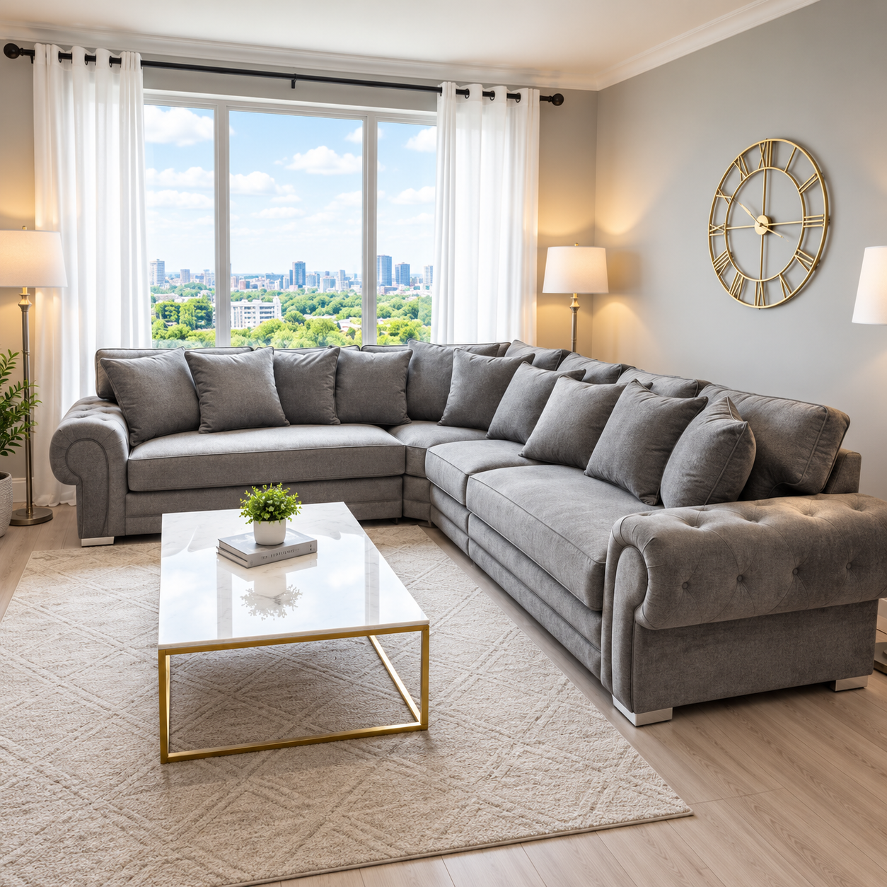 The Imperial Modern Lounge L-Shaped Sofa In Grey Plush Velvet Fabric