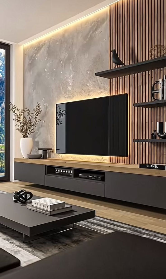 Sleek Contemporary Media Wall with Concrete Texture and Slatted Wood Accent