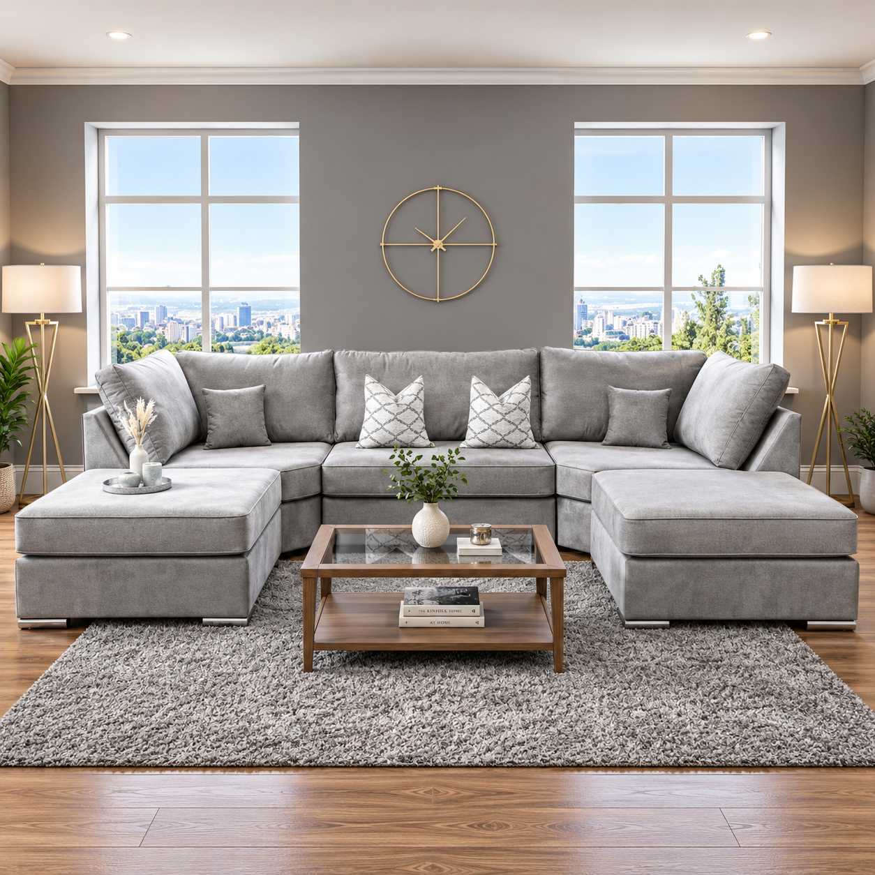 The Windsor Lounge Modern U-Shaped Sofa In Plush Velvet Fabric
