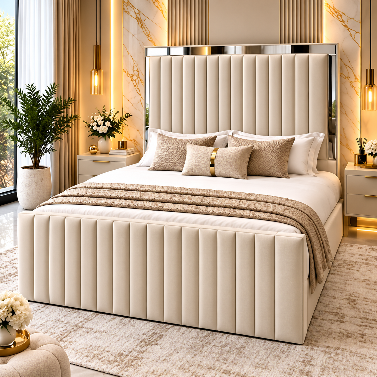 Elvaria Vertical Panel Mirrored Upholstered Bed Frame
