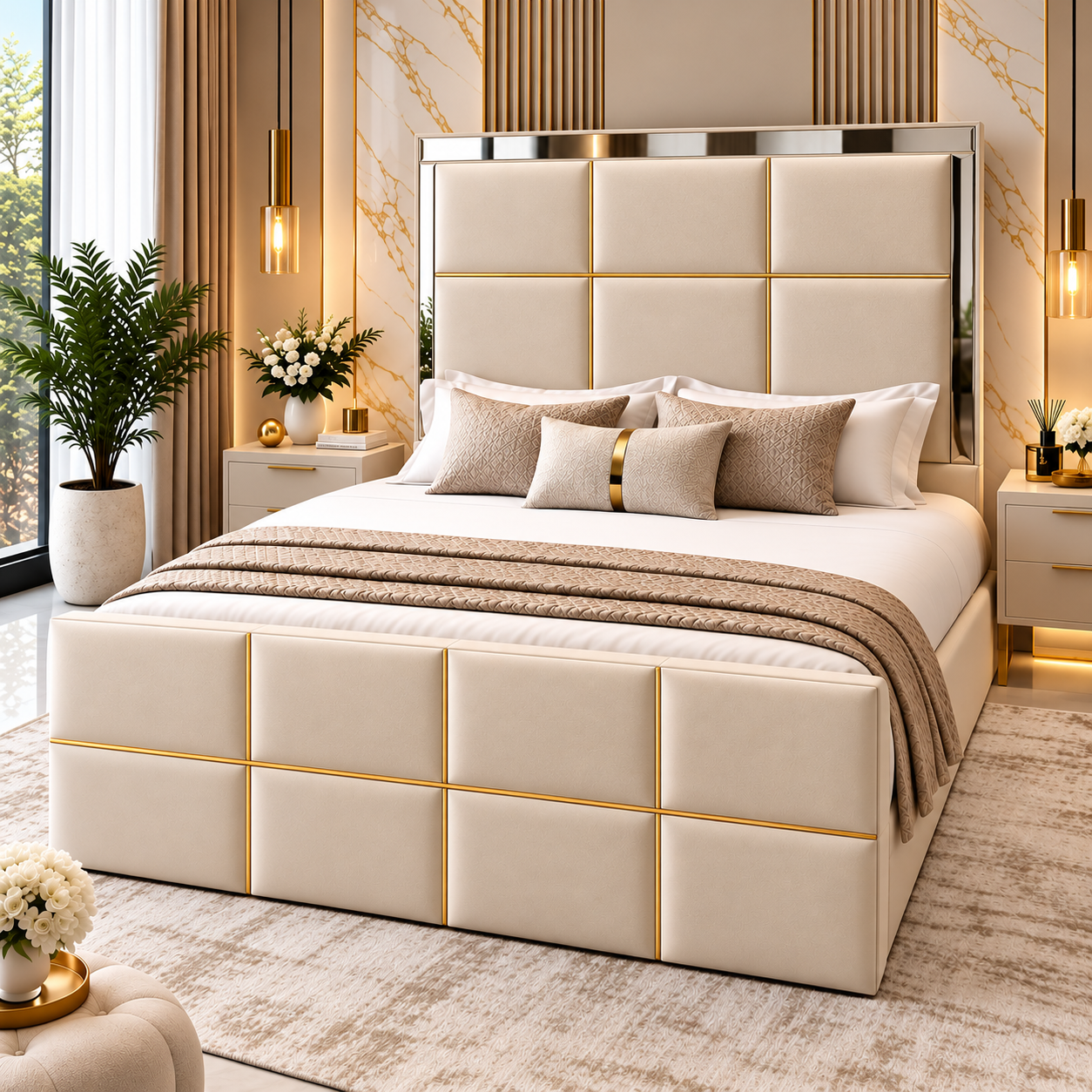 Tavellion Gold Grid Mirrored Upholstered Bed Frame