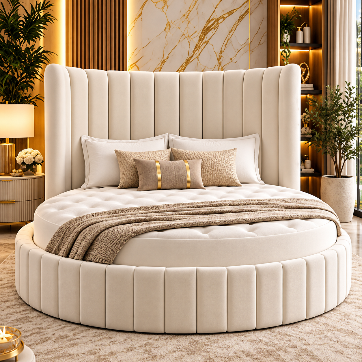 Naverio Curved Panel Headboard Round Upholstered Bed Frame