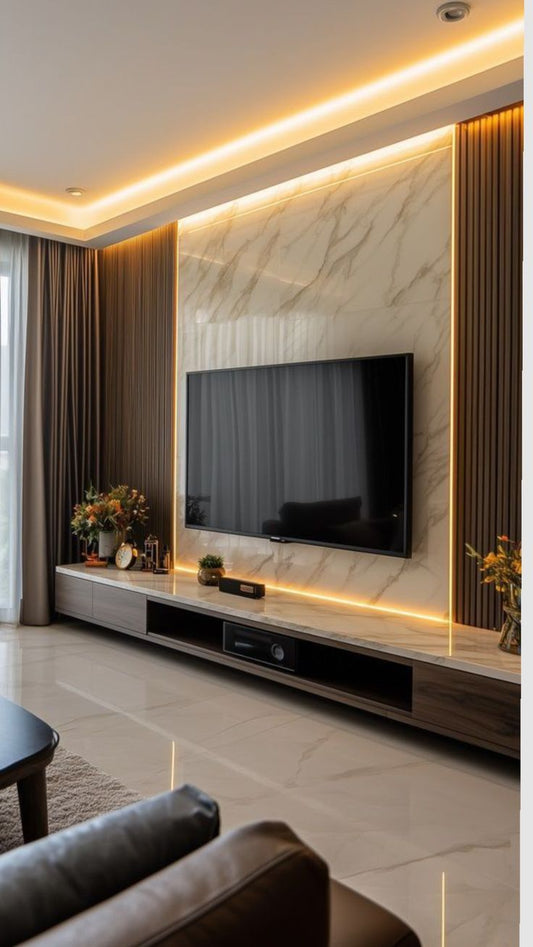 Elegant Modern Media Wall with Dark Wood Paneling and Accent Lighting