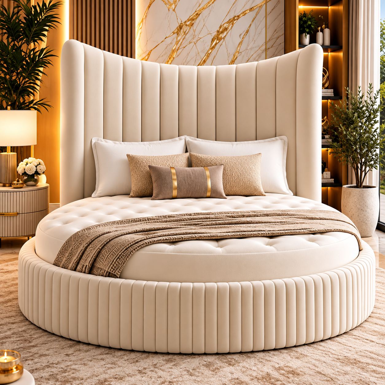 Elyndra Curved Wingback Round Upholstered Bed Frame
