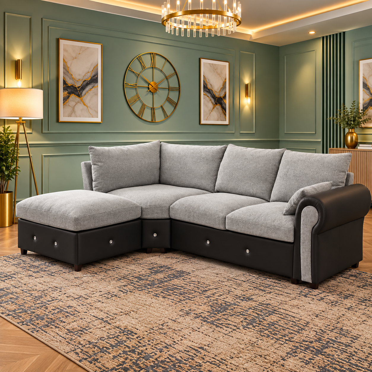 The Lumiere Chaise Modern L-Shaped Sofa In Plush Velvet Fabric