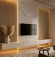 Minimalist Floating Media Wall with Backlit Marble Finish