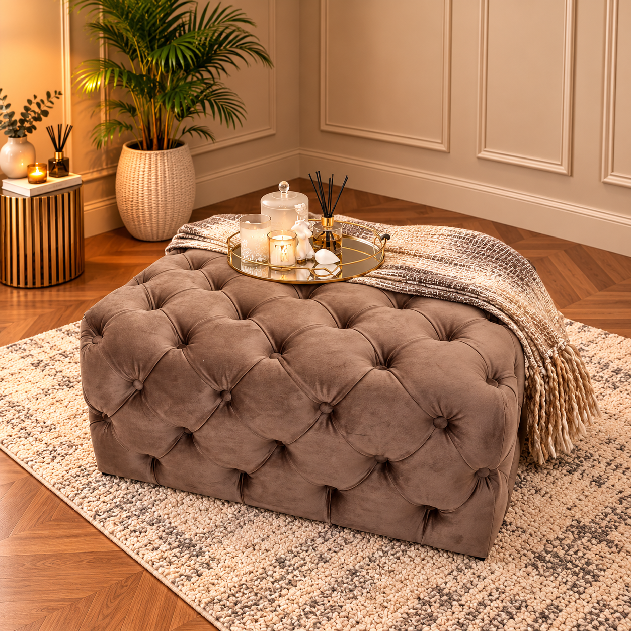 Handmade Chesterfield Cube Ottoman Plush Coffee Table Footstool