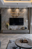Premium High-Gloss Grey Marble Media Wall with Floating Unit