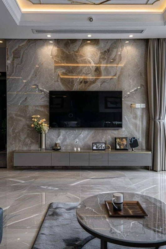 Premium High-Gloss Grey Marble Media Wall with Floating Unit