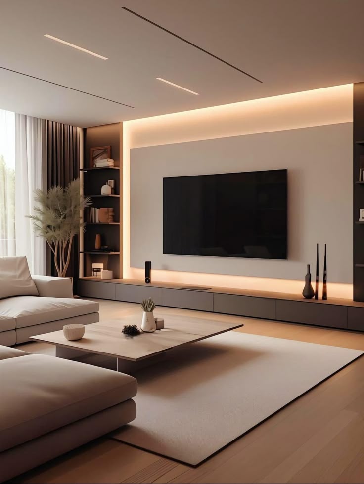 Sleek Modern Media Wall with Ambient LED Accents