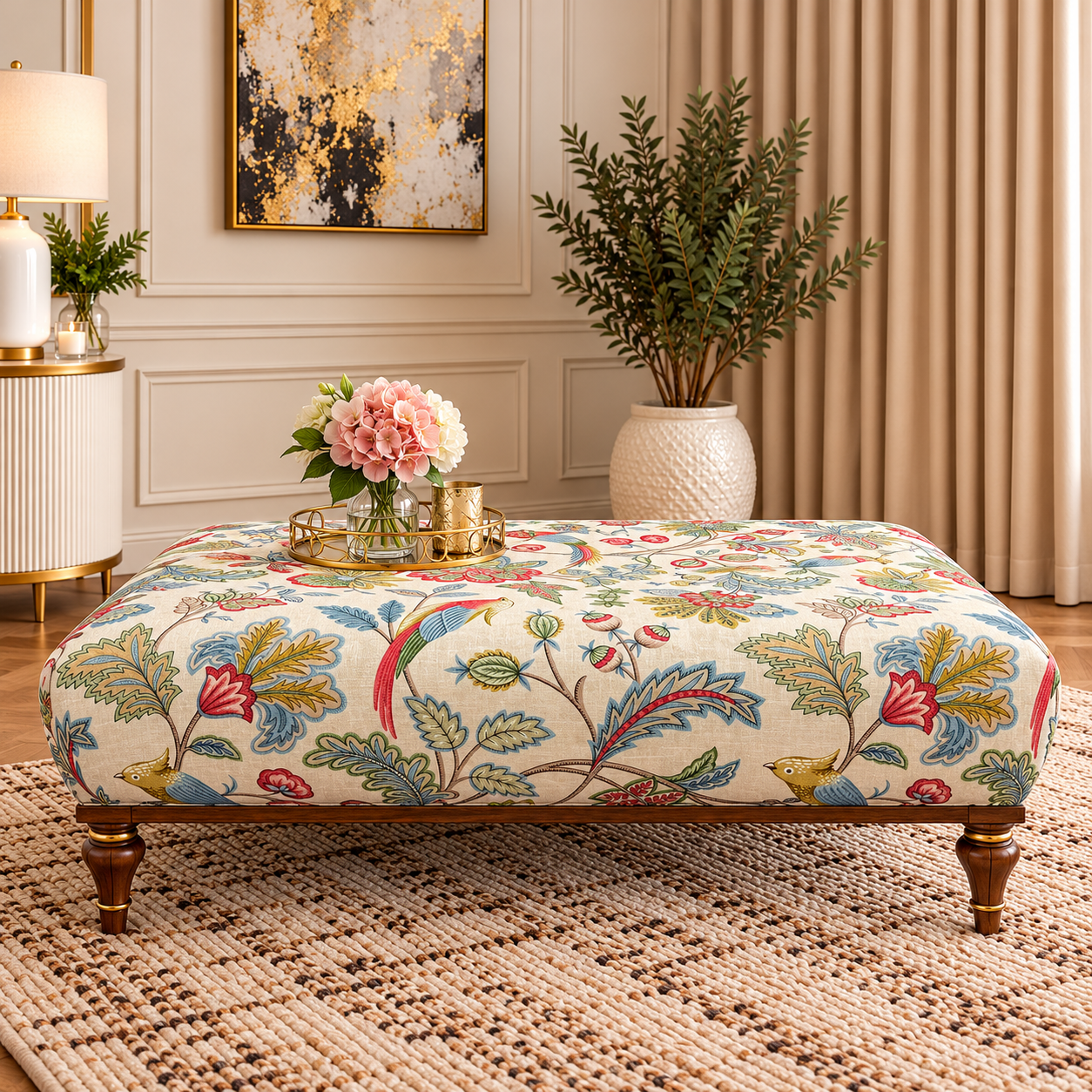 Pemberley Chintz Floral & Bird Print Upholstered Footstool Coffee Table