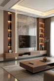 Luxurious Modern Media Wall with Marble Centerpiece and Warm Wood