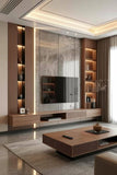 Luxurious Modern Media Wall with Marble Centerpiece and Warm Wood