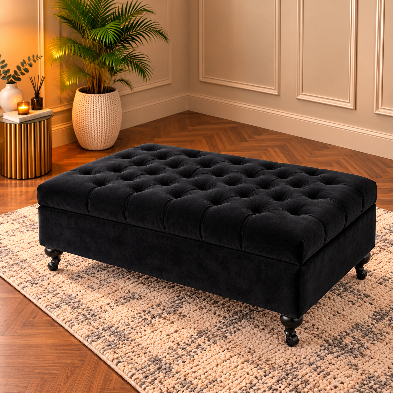 Luxury Handmade Chesterfield Deep Buttoned Plush Velvet Footstool Coffee Table with Castor Legs