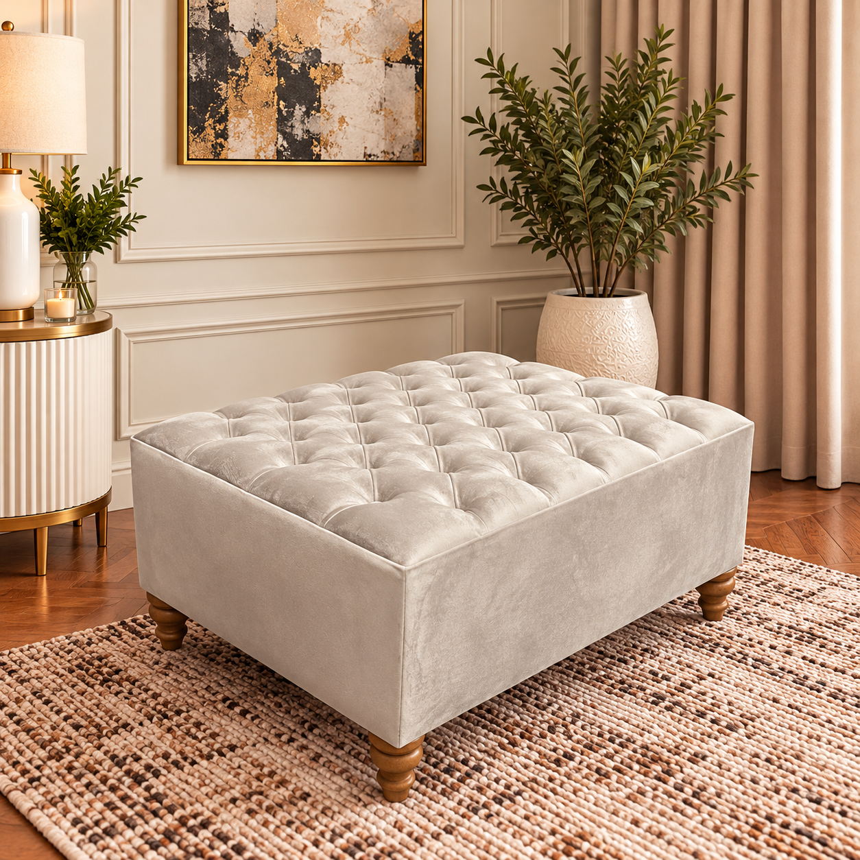 Ismeria High Chesterfield Plush Velvet Footstool Coffee Table