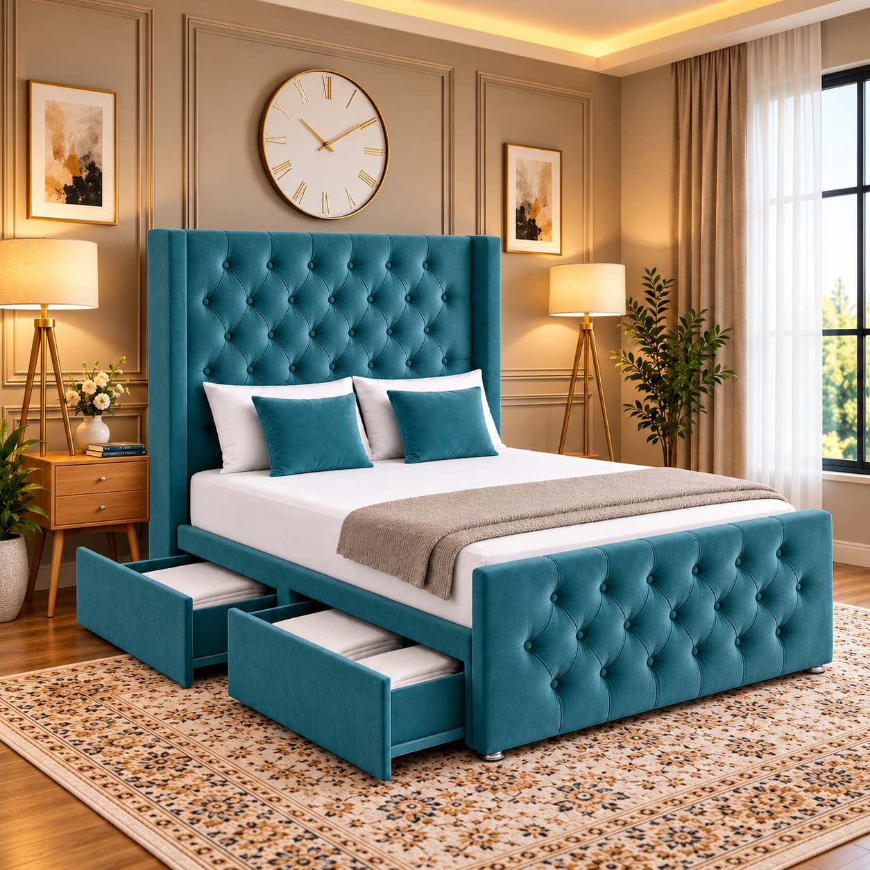 Galloway Divan Padded Winged Diamond-Tufted Headboard Bed Frame