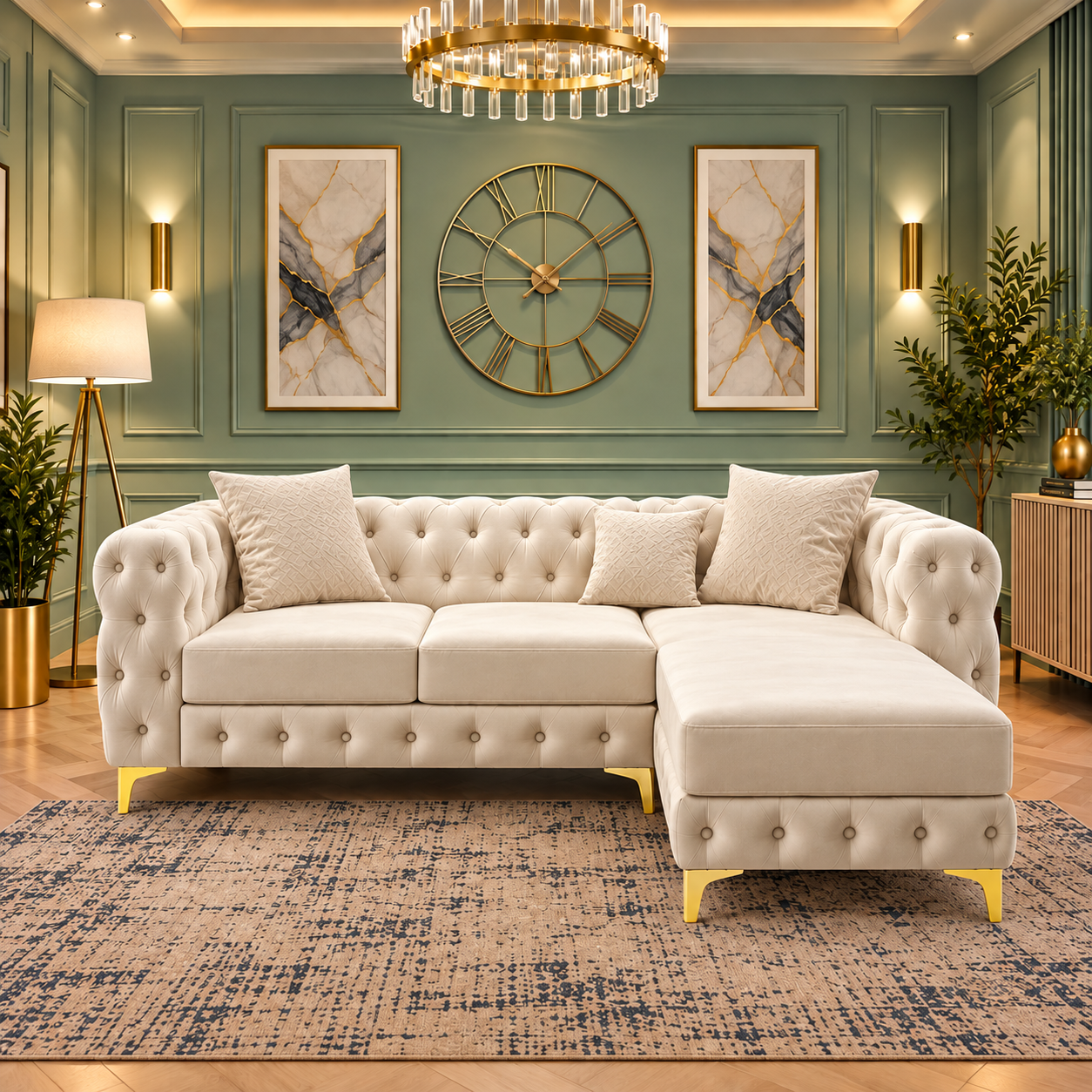 Bugsby Luxury L-Shaped Lounge Sofa In Plush Velvet Fabric