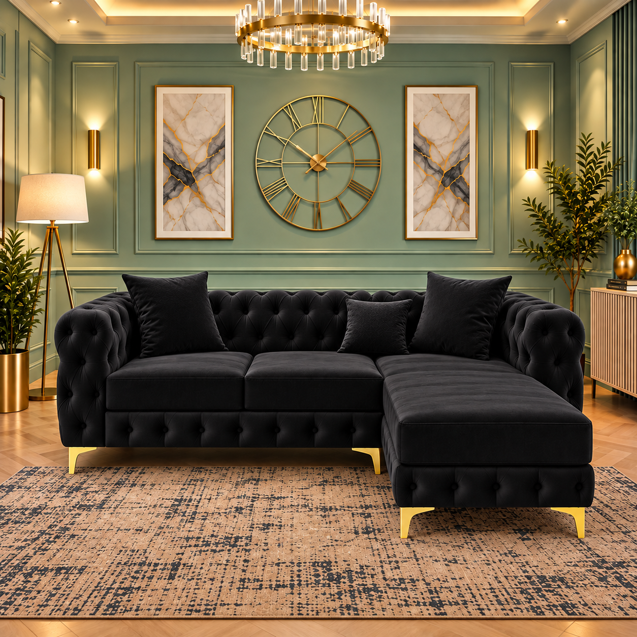 Harrington Luxury L-Shaped Sofa In Black Plush Velvet Fabric